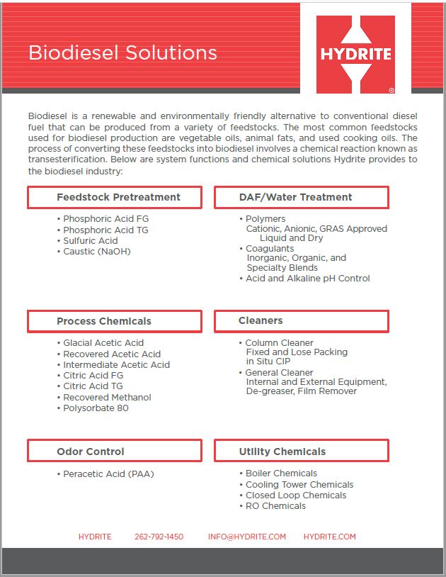 Solutions Hydrite provides to the biodiesel industry flyer